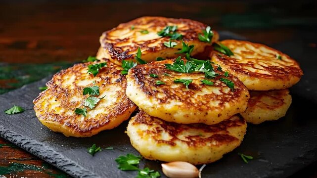 Golden brown potato cakes, pan-fried to crisp edges, stacked on a slate with parsley garnish and a garlic clove.