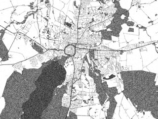 Black and white cartographic illustration of Neubrandenburg, Germany, in hand-drawn sketch form.