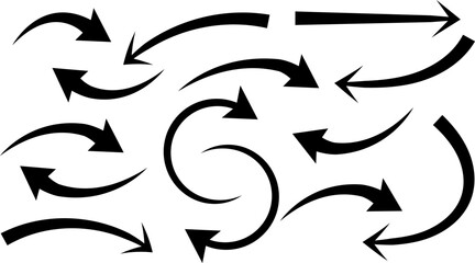 Set of curved black arrows collection, abstract direction and navigation symbols for infographic, business, graphic design and web isolated on white background