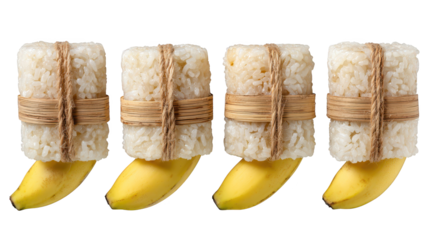 Ripe banana bunch tied to a bundle of golden rice, symbiotic harvest scene bananas