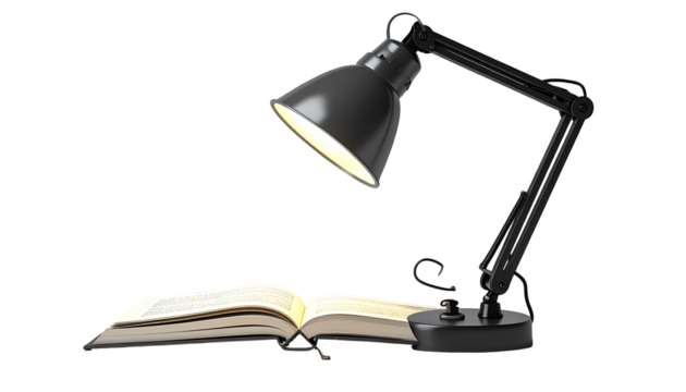 A black desk lamp illuminating an open book