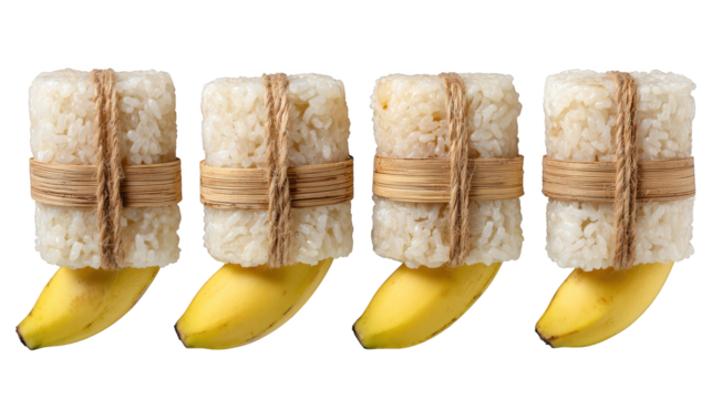 Ripe banana bunch tied to a bundle of golden rice, symbiotic harvest scene bananas