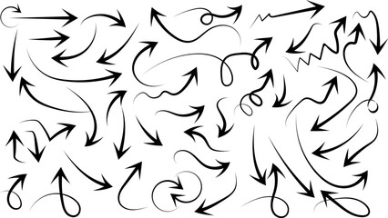 Hand drawn doodle arrows set, curved sketch arrow collection with loops, swirls, zigzag and abstract pointer icons, isolated vector for infographic, web, note and graphic design
