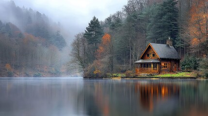 Fototapeta premium Rustic cabin by a misty lake, autumn colors