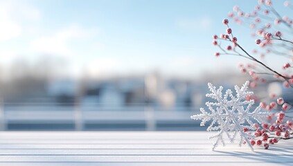 White snowflake and red berries winter scene
