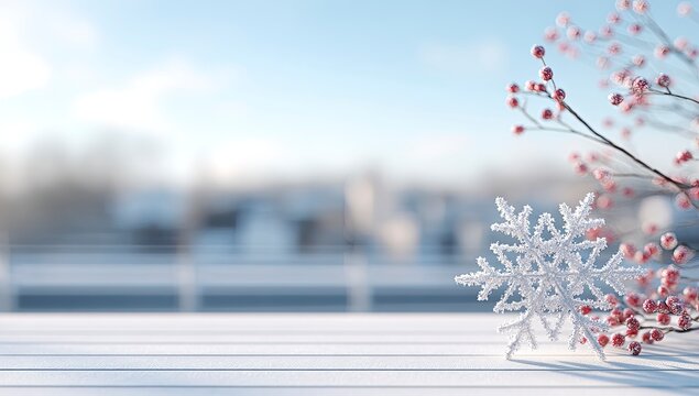 White snowflake and red berries winter scene
