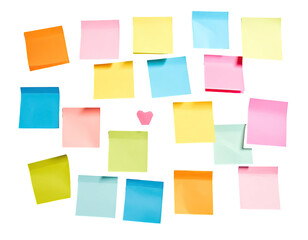 Fototapeta premium Colorful sticky notes arranged in a grid pattern, with a small pink heart in the center