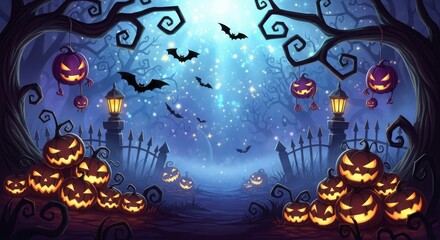 Spooky Halloween Night with Glowing Jack O Lanterns and Bats Flying in a Misty Forest