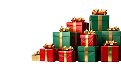 Christmas presents stacked in a pyramid shape.  Colorful, festive