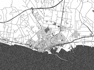 Fototapeta premium Hand-drawn style black and white city map of Alexandroupoli, Greece, with detailed streets and textures.