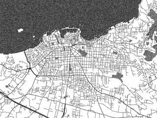 Illustrated city map of Chania, Greece, in black and white, showing roads and textures.
