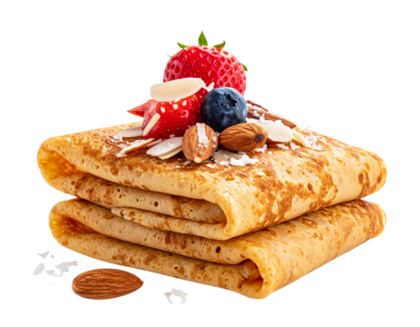 Stack of Gluten-Free Crepes with Nuts and Coconut Flakes, Angled Composition, isolated