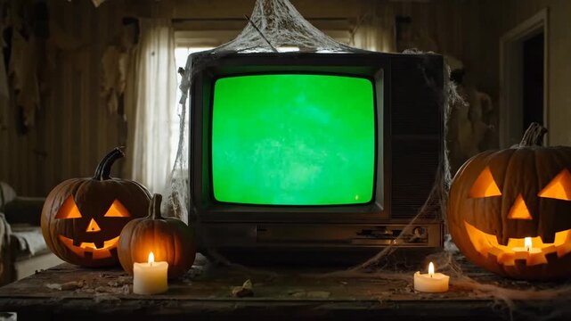 A spooky Halloween scene featuring a retro television with a green screen, surrounded by glowing jack-o'-lanterns and cobwebs in a dark, haunted room - Powered by Adobe