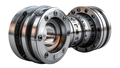 Close-up of two intricate, metallic, mechanical components