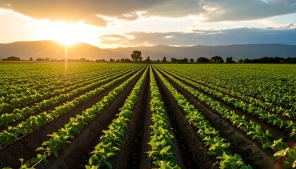 Lush green crops stretching out under a golden sunset