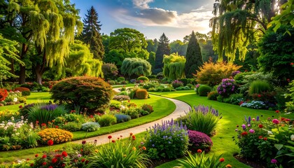 Lush garden landscape at sunset