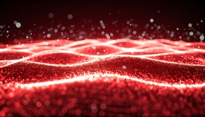 Abstract red wave pattern with glowing particles