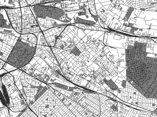 Naklejka premium Black and white illustrated map of Kobanya, Hungary, with streets, rivers, and neighborhoods.