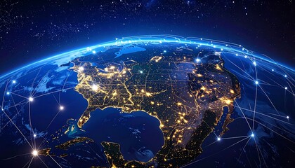 A vibrant Earth seen from space, highlighting North America at night, interconnected by a network of glowing lines