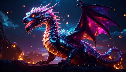 Hyper-realistic colorful dragon with neon scales, floating glowing orbs around, surreal fantasy atmosphere, cinematic lighting, ultra-detailed.
