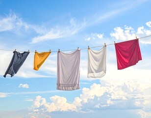 Drying clothes colorful laundry on a clothesline against blue sky