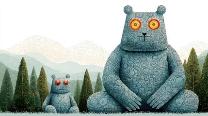 Serene Stone Bears in a Misty Mountain Forest