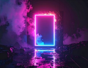 Neon portal in a dark, rocky landscape