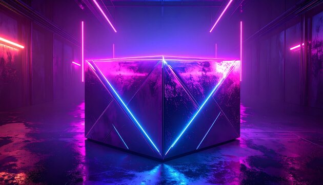 Neon cube in a dark, futuristic room