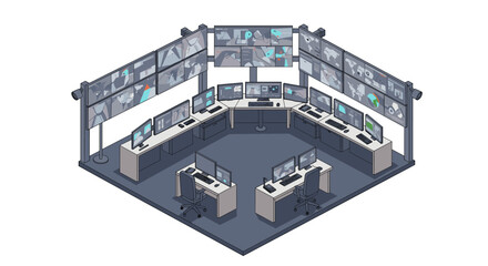 Obraz premium Modern surveillance control room with multiple monitors in isometric style