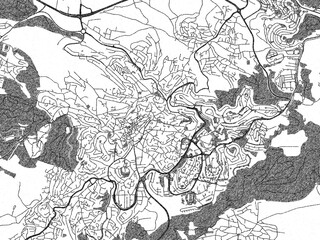 Black and white illustrated map of Nazareth, Israel, with streets, rivers, and neighborhoods.