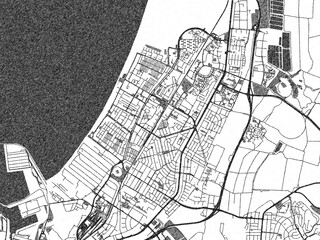 Black and white cartographic illustration of Qiryat Motzkin, Israel, in hand-drawn sketch form.