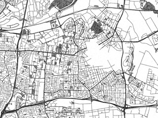 Naklejka premium Illustrated city map of Petah Tiqwa, Israel, in black and white, showing roads and textures.