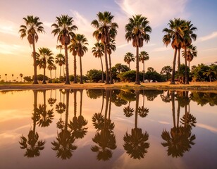Obraz premium Palm trees reflected in a tranquil pond at sunset