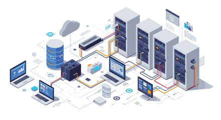 Modern data center network with isometric servers and connected devices