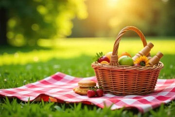 A checkered blanket spread on a sunny meadow, laden with a wicker basket overflowing with summertime treats; a vibrant scene of idyllic outdoor relaxation , grass, lemonade