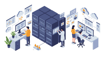 Modern isometric data center with it professionals in a high-tech office environment