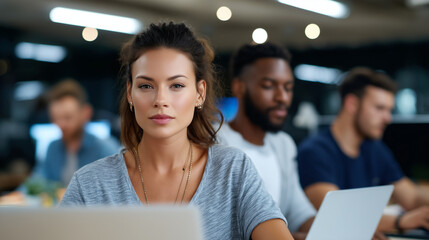 Group of diverse men and women working in open space office, sitting at desks with laptops, modern corporate teamwork atmosphere. SEO diverse office team, multicultural coworkers,