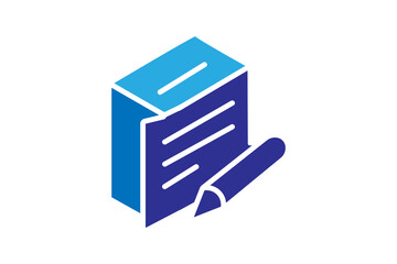 The design features a stack of papers or a document in blue and dark blue shades, with simple horizontal lines representing text.