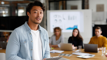 Asian man standing near whiteboard in open office, presenting data to diverse team of men and women sitting at desks with laptops. \ office presentation teamwork, multicultural bus
