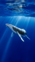 Fototapeta premium Majestic humpback whale swimming gracefully in deep blue ocean with sunlight rays. 