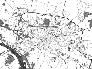 Fototapeta premium Illustrated city map of Cremona, Italy, in black and white, showing roads and textures.