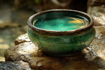 Steaming water in teal ceramic bowl