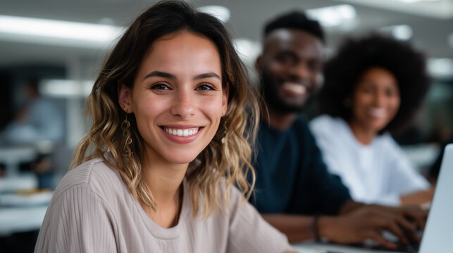 Colleagues of different ethnicities in modern open space office, smiling and working together on laptops, creative business teamwork mood. SEO diverse colleagues office, creative t