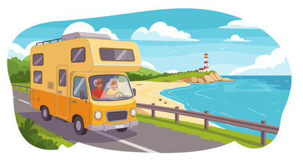 Elderly couple enjoying road trip in camper van by scenic coastal lighthouse