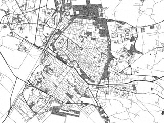Black and white illustrated map of Ferrara, Italy, with streets, rivers, and neighborhoods.