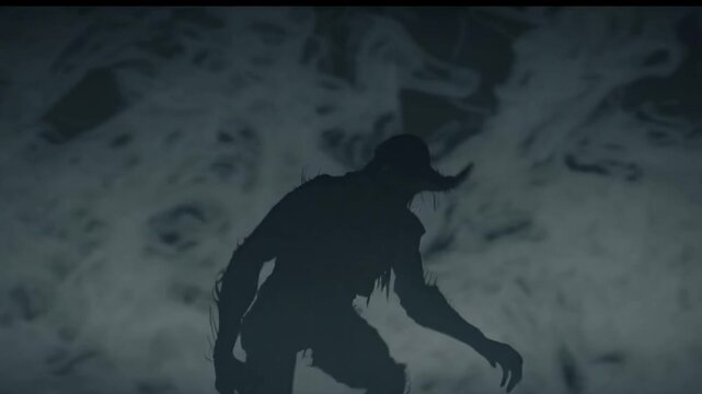 Shadowy demonic figure walking through thick mist, haunting silhouette, supernatural horror scene