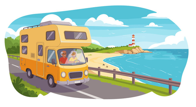 Elderly couple enjoying road trip in camper van by scenic coastal lighthouse