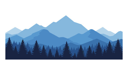 Minimal mountain landscape with blue silhouette of pine trees and peaks