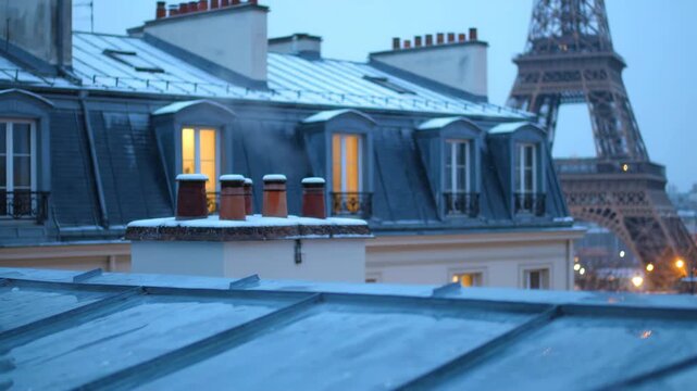 Winter in Paris with Snow-Covered Rooftops and the Eiffel Tower, A Snowy Parisian Rooftop View with the Eiffel Tower in the Background on a Winter Day