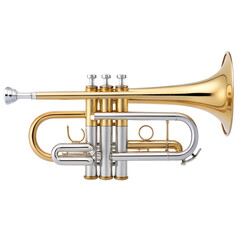 Golden trumpet instrument still life isolated on white background studio shot